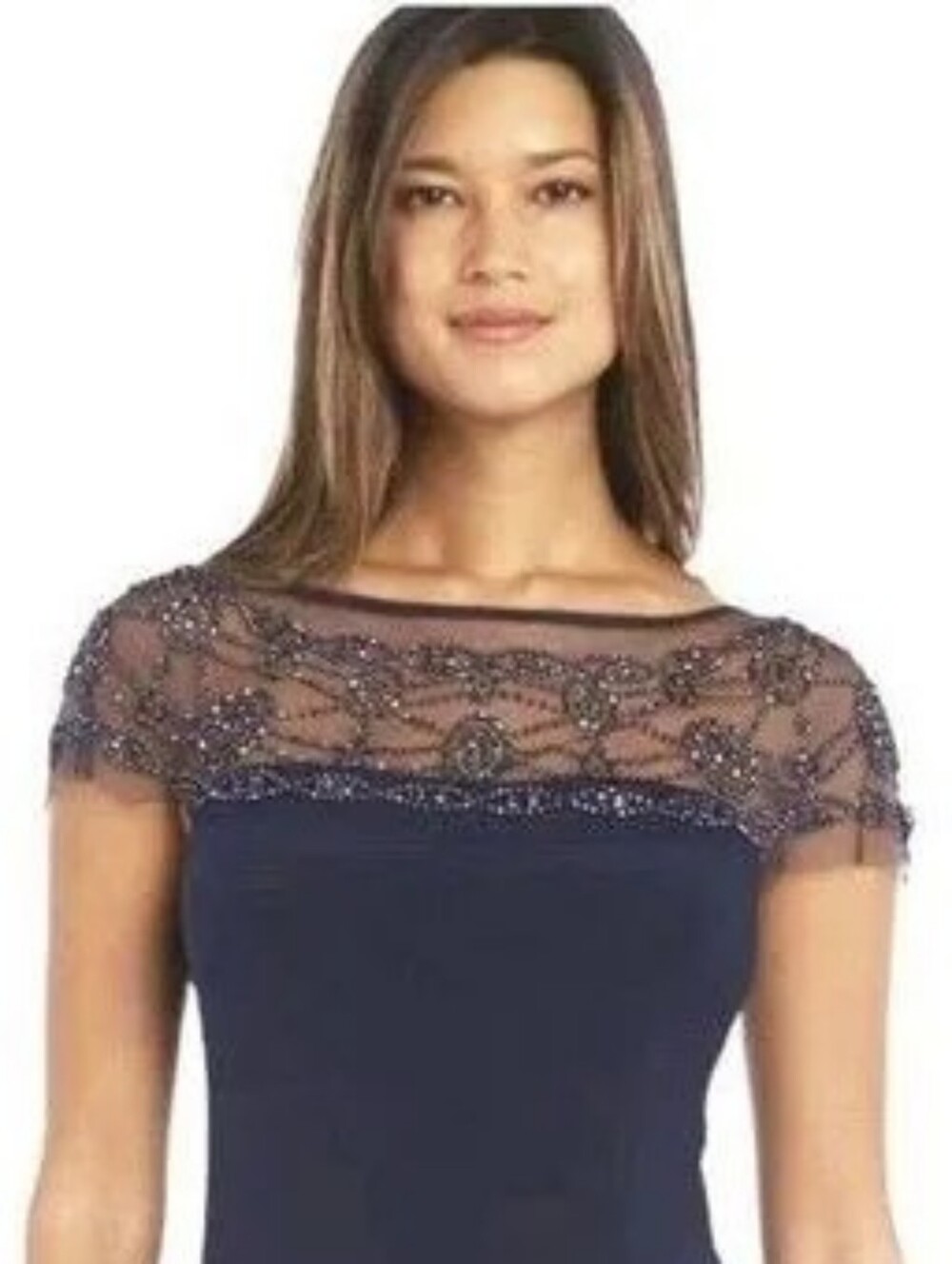 R&M Richards Navy Blue Beaded Illusion Yoke Wedding Dress